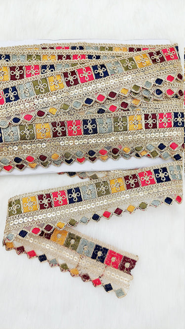Gold Sequin Border With Multicoloured Floral Embroidery, Beige Shimmer Lace Trim, Decorative Trim